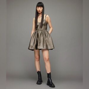 AllSaints Aimsie Metallic Gold Bustier Mini Dress Size 0